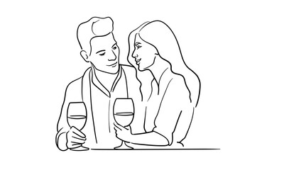 Guy and girl drinking wine on white background. Line art drawing. Bar, alcohol, party, lovers. Vector illustration
