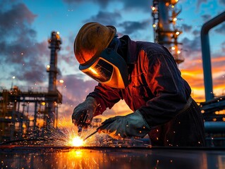Welder carrying out construction and repair work against an industrial backdrop