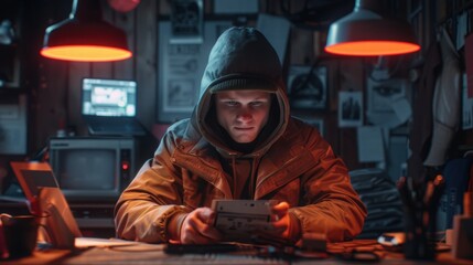 Obraz premium Young Person in Hoodie Engaged with Retro Technology at Night