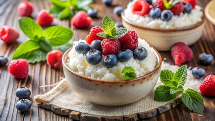 Rice Pudding Dessert Topped with Fresh Berries, Coconut, and Mint – A Delightful Sweet Treat