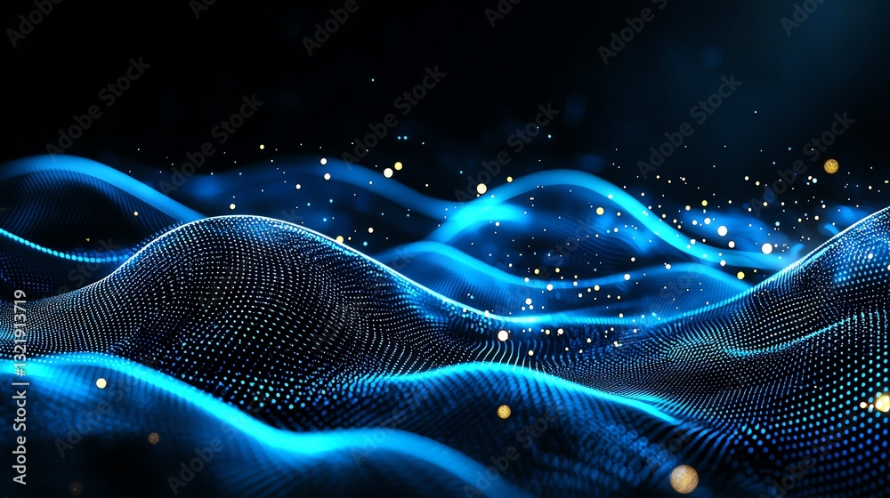 Poster a mesmerizing abstract depiction of flowing blue waves with sparkling particles that creates a sense