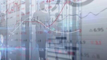 Financial graphs and data processing animation over people walking in office