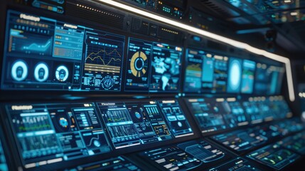 Naklejka premium Futuristic Control Room Interface with Data Analytics Display