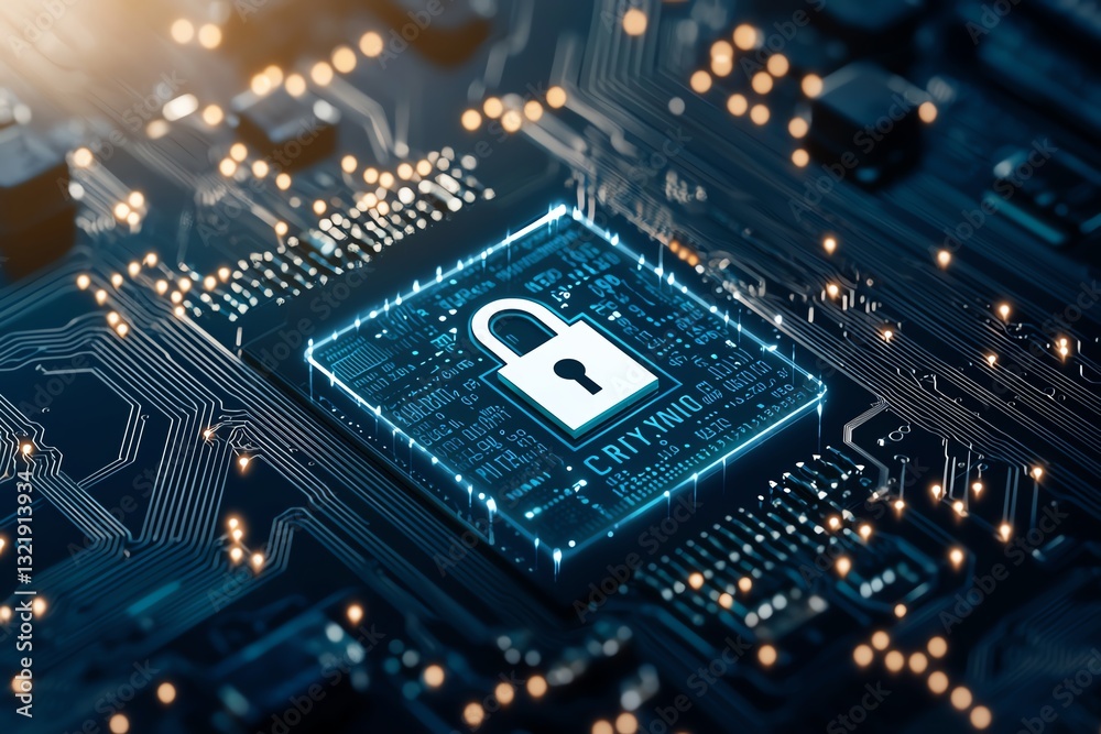 Poster close-up view of a digital lock symbol on a circuit board. represents cybersecurity, data protection