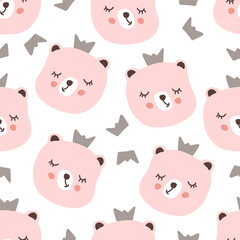 Fototapeta premium Cute pink seamless pattern with playful bear faces with princess crowns. Vector illustration