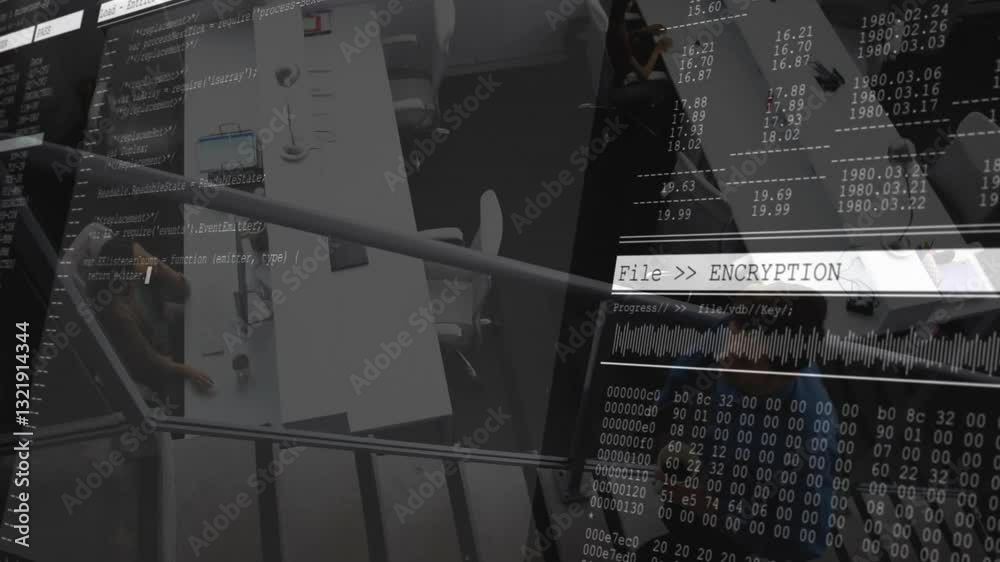 Poster encryption process animation over office setting with visible computer code