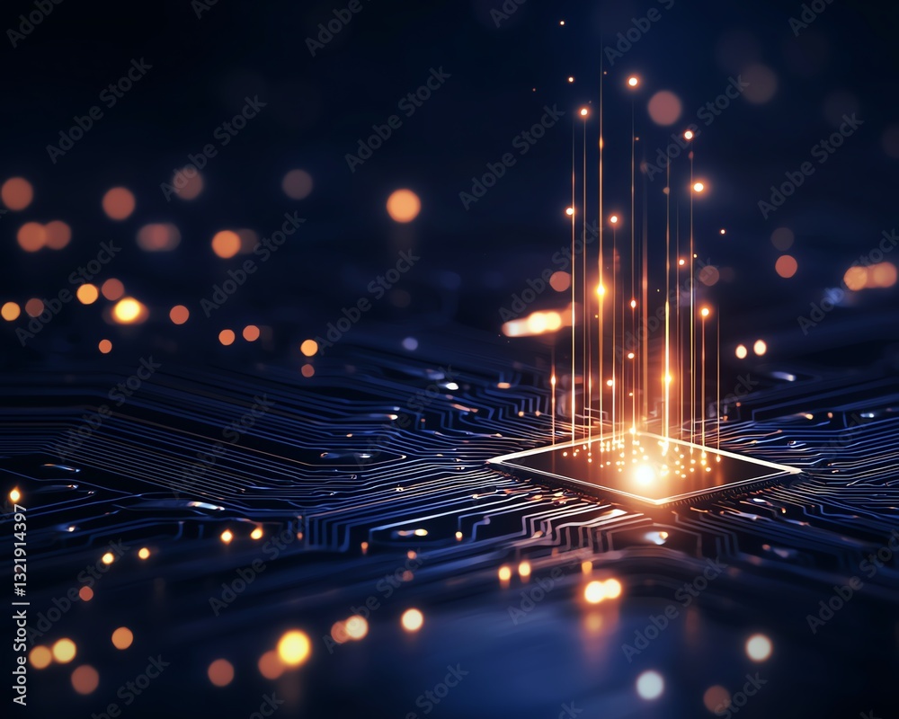 Aufkleber a close-up view of a glowing microchip with vibrant lights emanating from its surface, symbolizing i