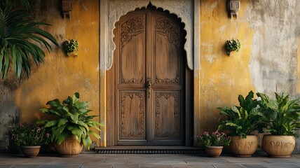  Traditional Indian Entryway with  Hand-Painted Wall Murals ,Vintage Door and Clay Pots.