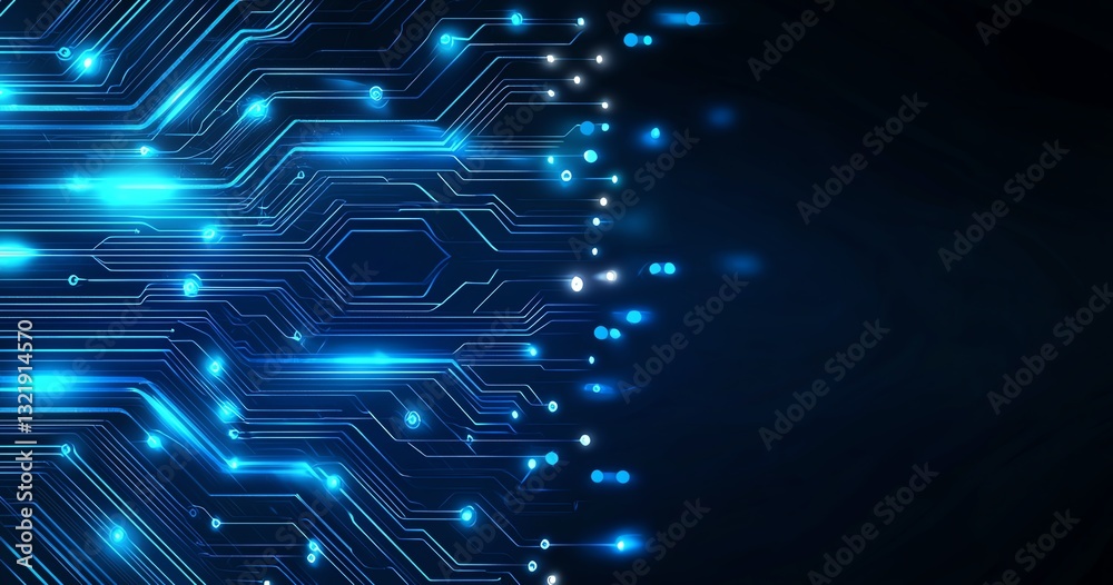 Poster abstract representation of digital circuits glowing in blue light. featuring intricate patterns and 