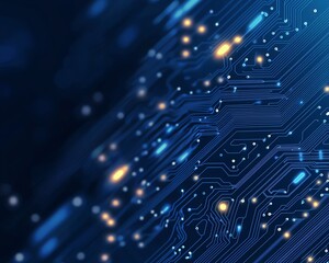 Abstract close-up of a blue circuit board with glowing lights, representing advanced technology and innovation. Perfect for tech-related projects and digital themes.