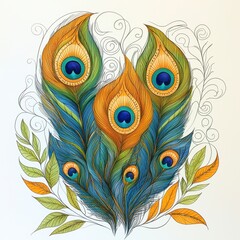Obraz premium Detailed Peacock Feather Illustration with Gold and Blue Hues