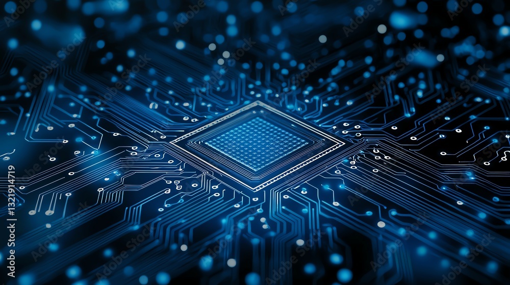 Poster a close-up view of a microchip surrounded by intricate circuit patterns, showcasing the advanced tec