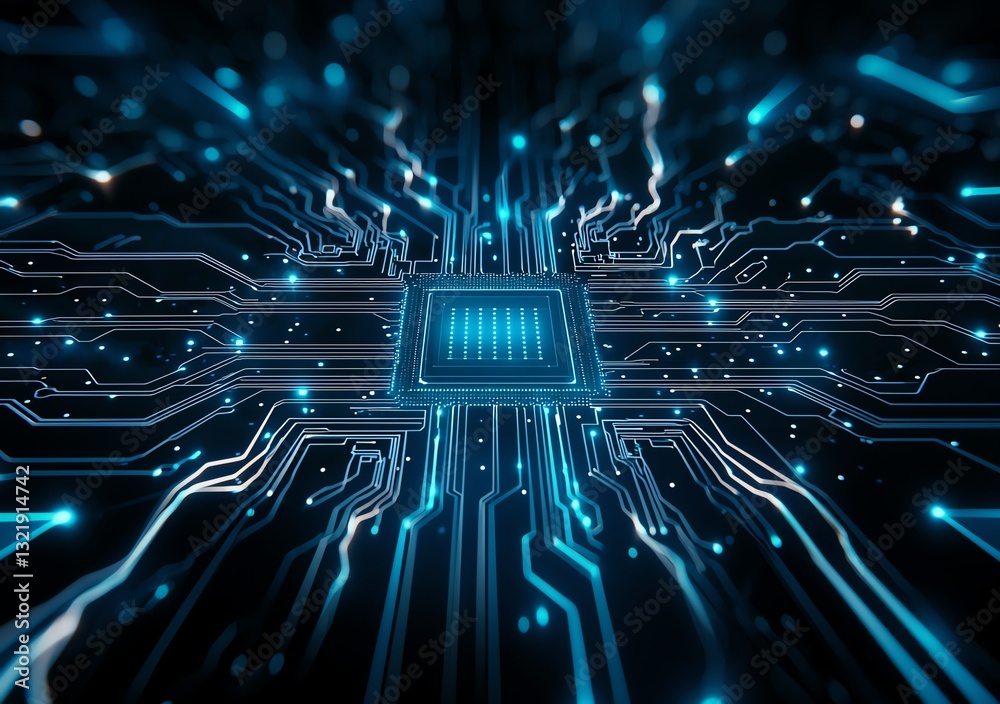 Poster a close-up view of a microchip on a circuit board featuring glowing blue lines. this high-tech image