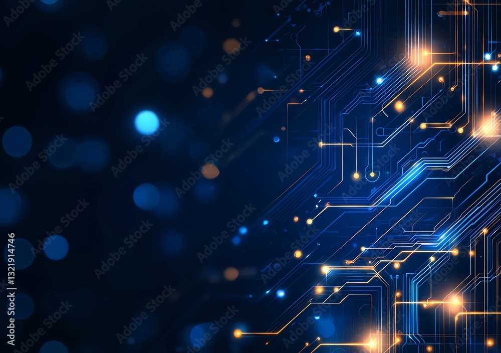 Poster this abstract image features a vibrant blue background with intricate circuit patterns and glowing l