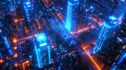 Obraz premium Futuristic Cityscape with Neon Lights and Digital Data Streams
