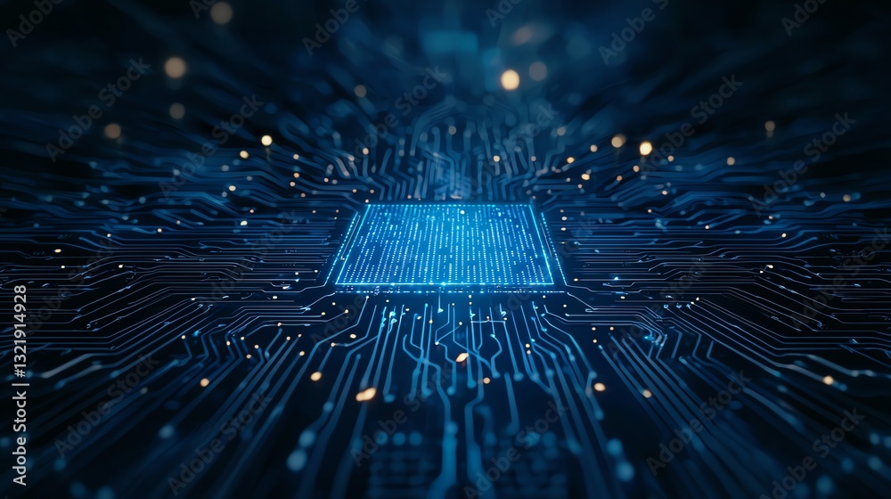 Aufkleber close-up view of a futuristic microchip embedded in a circuit board, with luminous patterns highligh