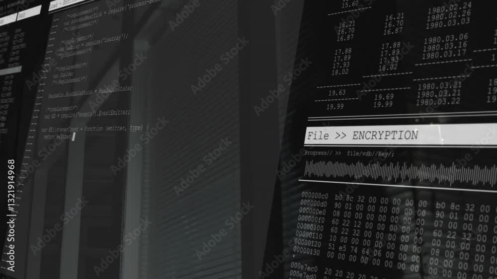Poster animation of encryption process on computer screen with code and data visualization