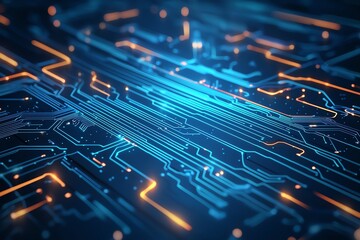 Fototapeta premium A close-up view of a vibrant circuit board showcasing intricate patterns and glowing lines, representing advanced technology and innovation in the digital age.