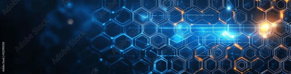 Poster a captivating abstract representation of digital technology with intricate hexagonal patterns and gl