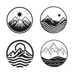 Mountain Landscapes with Sun and Waves – Four Circular Vector Logos