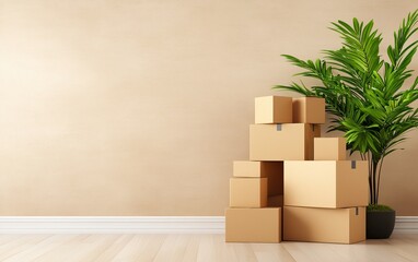 Boxes stacked beside a potted plant against a neutral wall background.