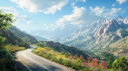 Fototapeta premium Winding mountain road through vibrant valley under a sunny sky