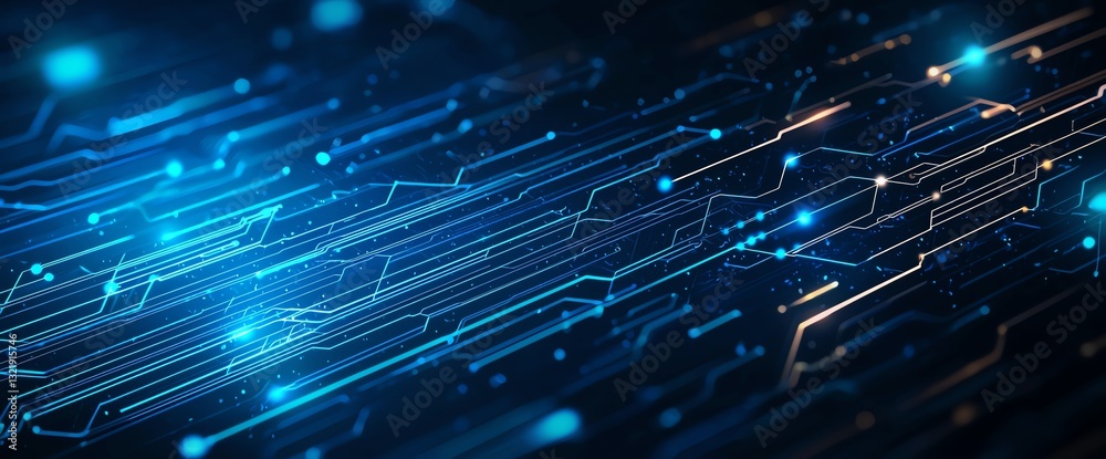 Poster a dynamic and abstract representation of digital technology, featuring glowing lines and circuits in