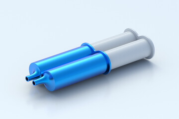 Two component epoxy resin adhesive in syringe on light gray background. Glue for metal. Equipment for repair. 3d render
