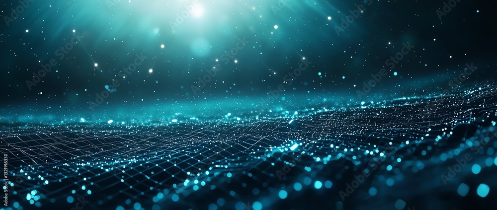 Poster a mesmerizing view of digital waves, illuminated by soft light. the intricate patterns and vibrant c