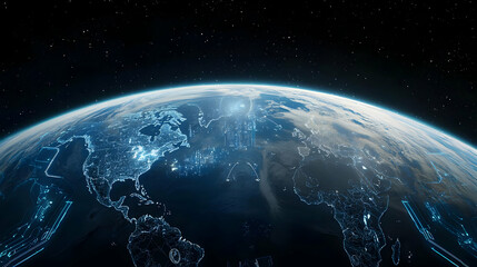 Planet Earth At Night From Space With Illuminated Cities And Continents Blue And Dark View With Stars
