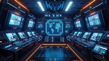 Obraz premium Futuristic Control Room with Digital Screens and High-Tech Equipment