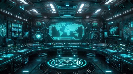 Fototapeta premium Futuristic Control Room with Digital Interface and High-Tech Design