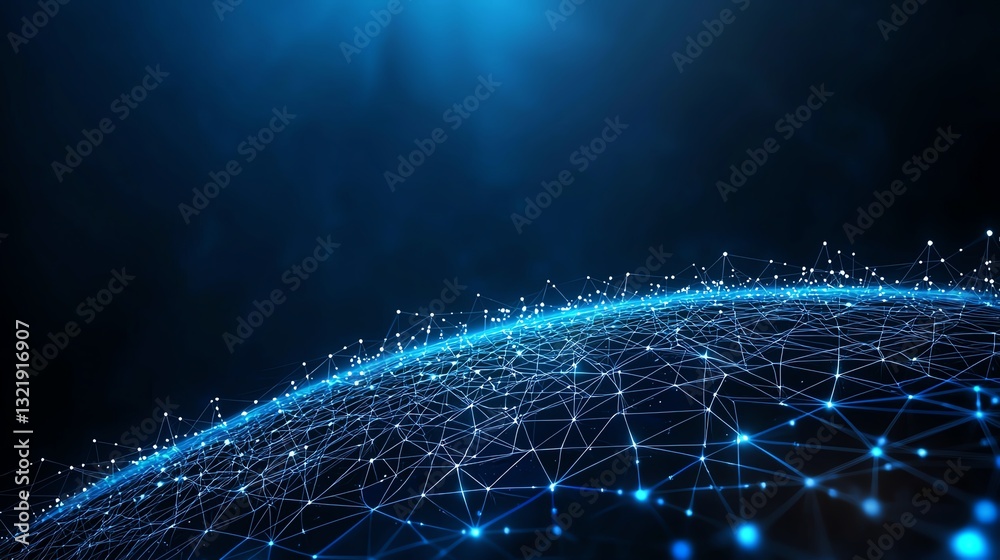 Poster a high-tech abstract image depicting a network of interconnected nodes and lines in vibrant blue ton