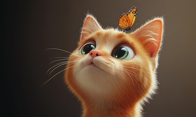 Orange cat looking upwards with a colorful butterfly above it