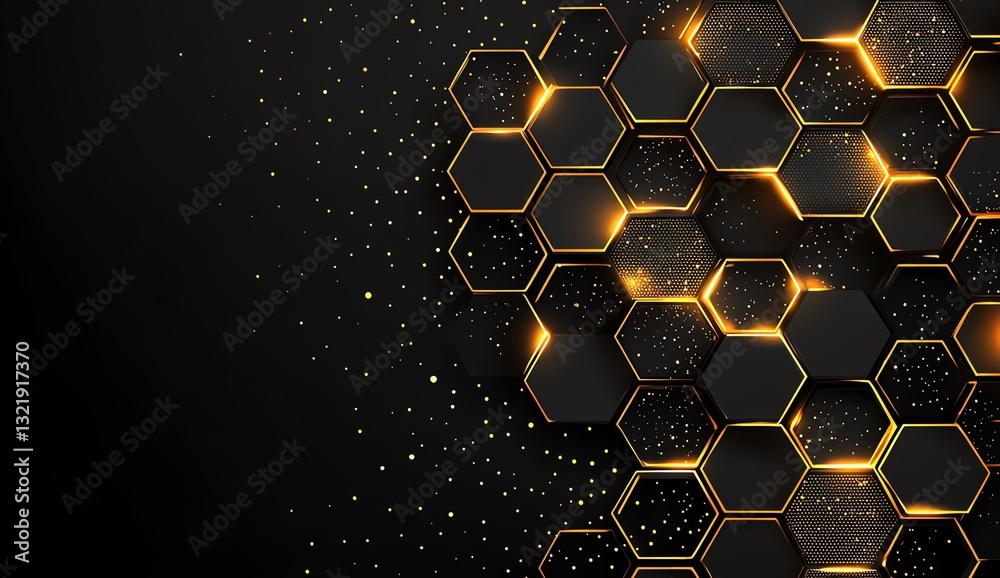 Poster this striking graphic features a modern hexagonal pattern in gold and black, creating a stylish and 