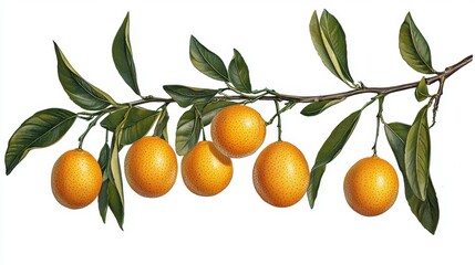 Ripe Orange Citrus Fruits on Branch with Green Leaves