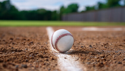 Baseball ball lying on field. Professional sport, competitive game.