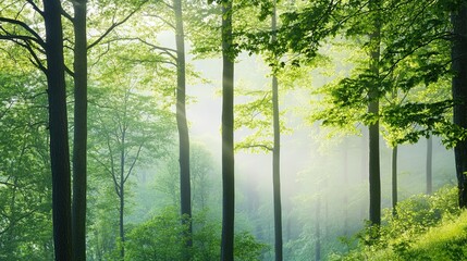 Fototapeta premium Serene forest landscape with soft morning fog drifting through tall trees, branches outlined in mist, capturing nature's quiet elegance, renewal, and mystery