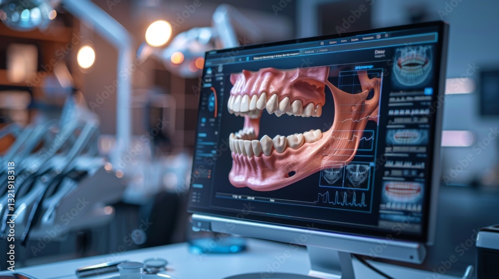 Poster a detailed view of advanced dental imaging, software showcasing a 3d model of a jaw and teeth on a c