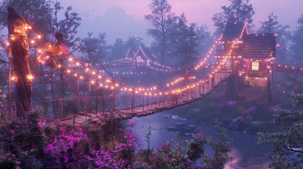 Enchanted Bridge with Fairy Lights in a Mystical Forest Setting