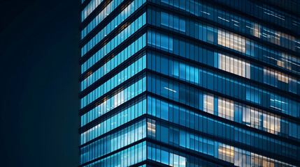 Modern Glass Skyscraper At Night With Illuminated Windows In A City Business District With Low Angle View