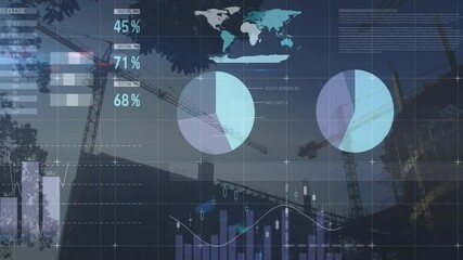 Cranes and construction site overlaid with data charts and world map animation - Powered by Adobe