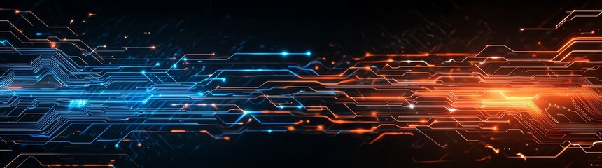 Obraz premium A striking abstract digital background featuring vibrant blue and orange lines that represent technological advancement and innovation