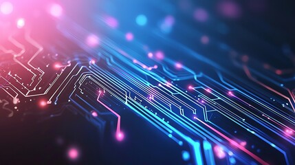Fototapeta premium A close-up view of a futuristic circuit board design showcasing vibrant blue and pink lights. It represents advanced technology and innovation within the digital era.