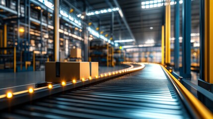 Conveyor Belt in Modern Warehouse with Packages for Efficient Delivery