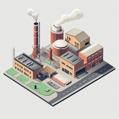 Obraz premium Isometric illustration of a large factory complex with smokestacks and storage tanks, showcasing industrial manufacturing.
