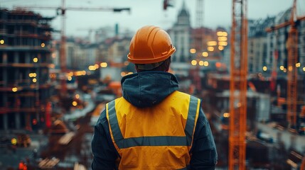 Construction worker overseeing urban development in progress on overcast day