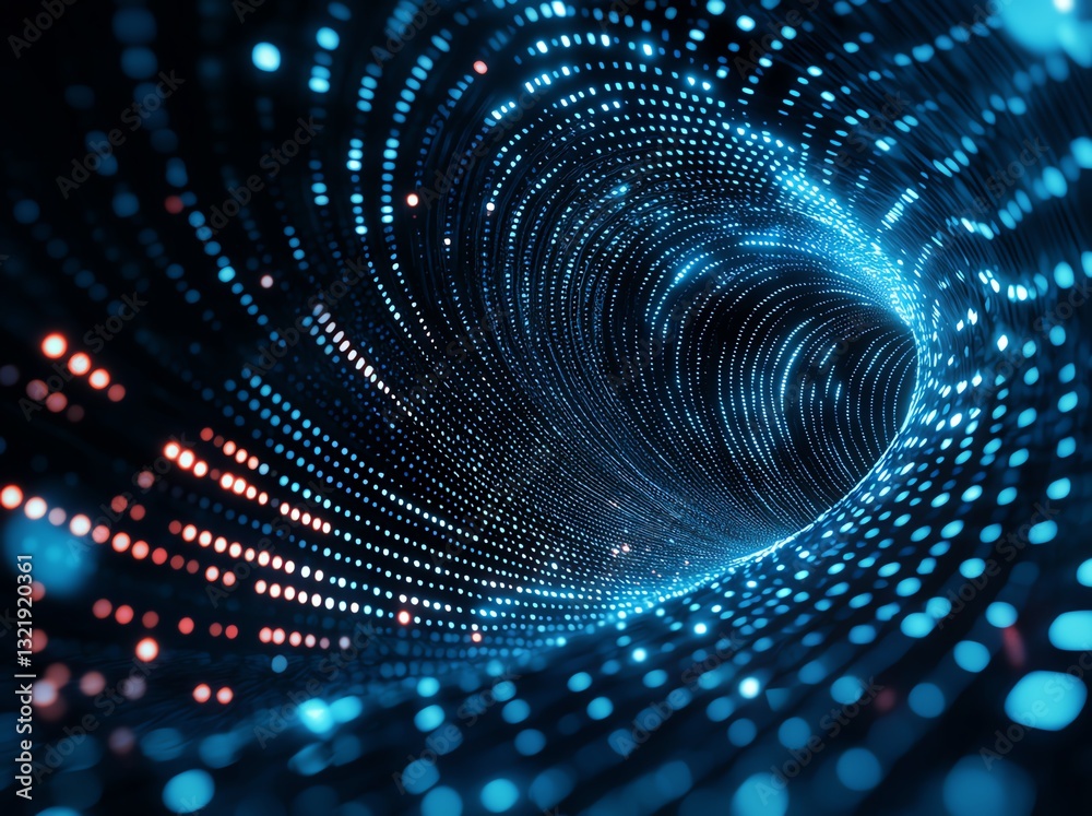 Poster an abstract representation of a digital tunnel filled with glowing blue and orange dots, symbolizing