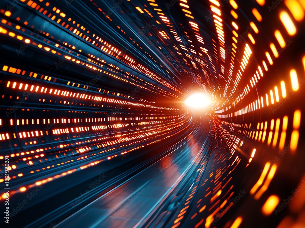 Poster a dynamic abstract representation of light beams traveling through a tunnel, creating a sense of spe