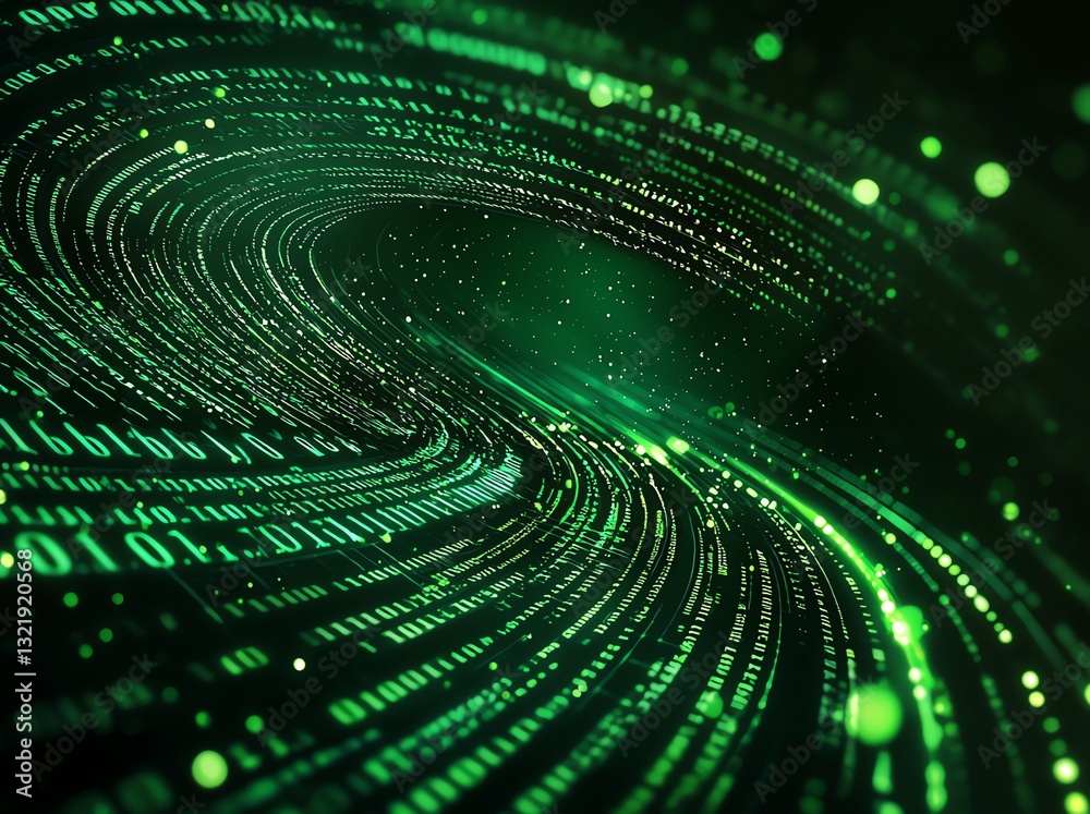 Poster a mesmerizing swirl of glowing green binary code, creating a futuristic and digital atmosphere